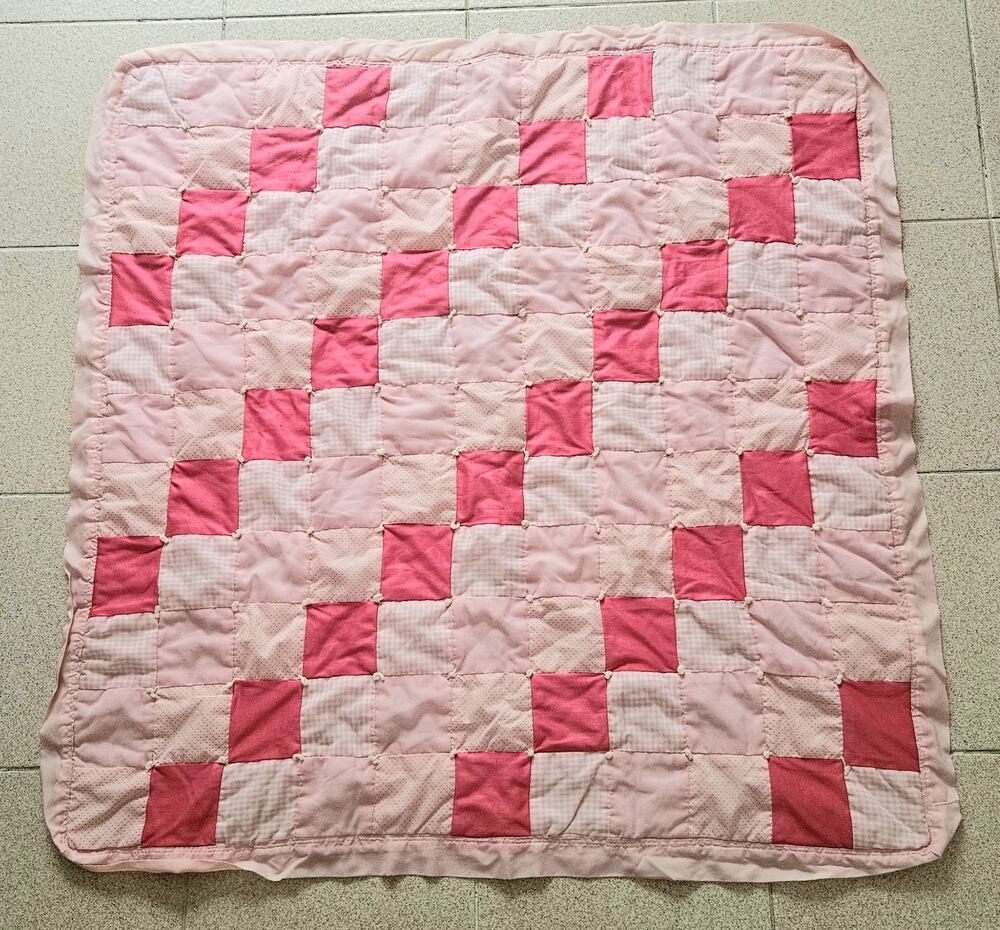 Pink Quilted Quilt Blanket Crib Coverlet for Girls, Satin Edging, Hand knotted